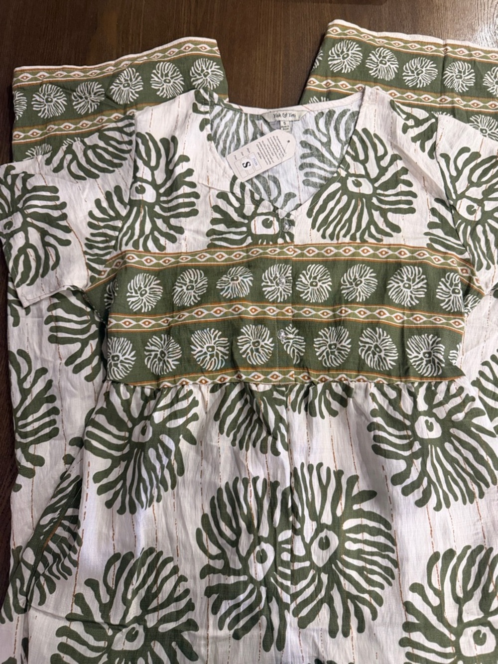 Green & White Printed Cotton Jumpsuit with Olive Accents